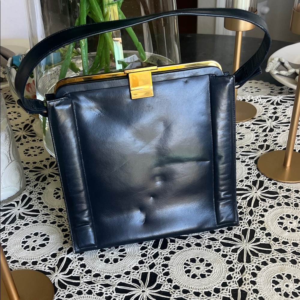 Vintage Lewis blue leather satchel bag 8.5" x 8.5"